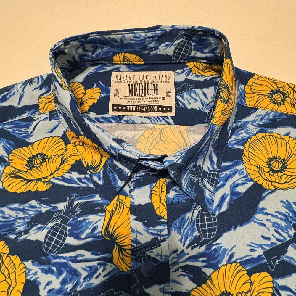 Savage Tacticians Shirt Mens Medium Blue Hawaiian Button Up Grenades Rifle Shirt